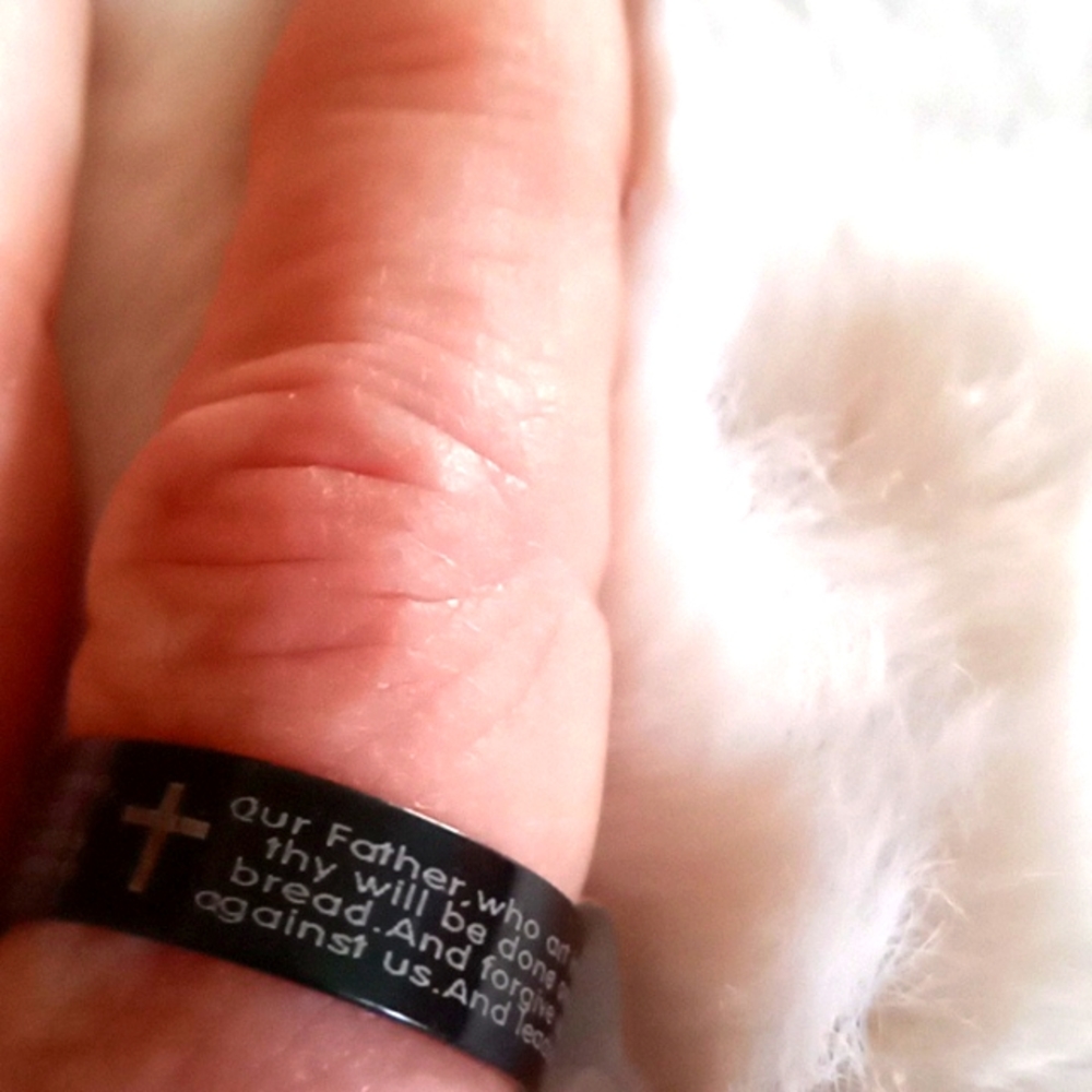 3 for $12 Lord's Prayer Ring size 10 black with white letters and cross.